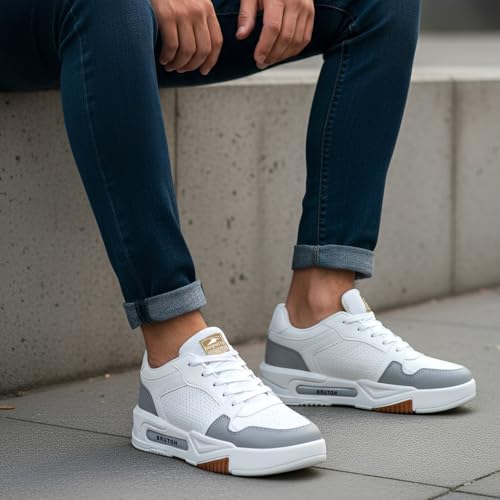 Image of BRUTON Men's HUSTLE-222 White Sneakers | Stylish Lace-Up Casual Shoes | Cushioned Comfort Sole | Lightweight Fashion Sneakers, College, Travel & Street Style