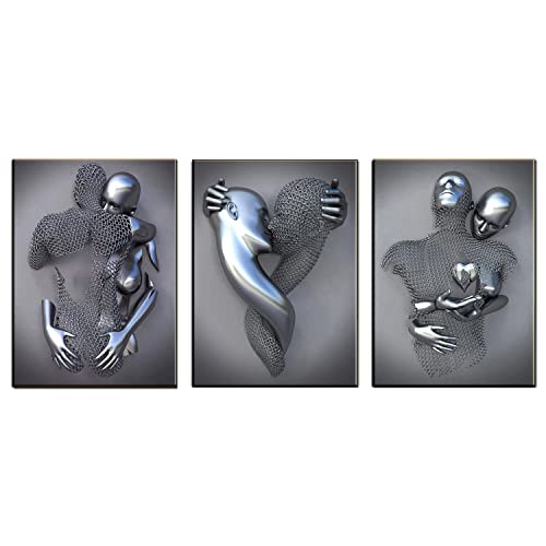 UIGJIOG Liebe Herz Grau-Kunst Wand 3er, Rahmen, Abstrakte Metallfigur Skulptur Leinwand Malerei, Liebe Herz 3D-Effekt Wandkunst für Modern Wohnkultur,Silber,40x50cmx3 Framed Cover