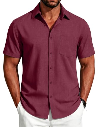 Image of COOFANDY Men's Button Down Shirts Short Sleeve Casual Shirts Summer Beach Linen Shirts with Pocket