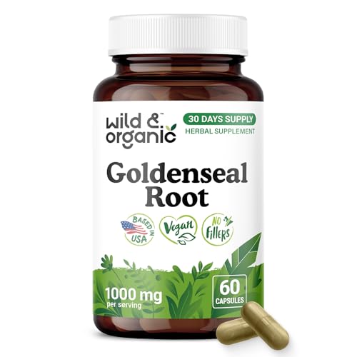 Wild & Organic Goldenseal Root Capsules 1000mg - Immune & Lung Support - 60 Goldenseal Root Powder Capsules - 30 Days Supply - Vegan No Fillers Non-GMO