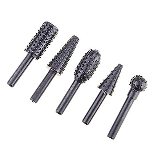 Katzco Rotary Burr Set - 5 Piece Set of Heavy Duty and Durable 1/4 Inch Shank Rotary Rasp File Set