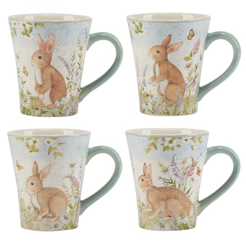 Juego de 4 mugs de cerámica 16 oz con diseño floral y conejitos miniatura 2