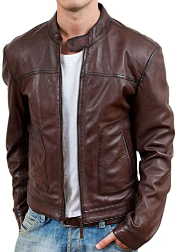 Image of Men Biker Retro Brown Leather Motorcycle Jacket Genuine Leather Jacket