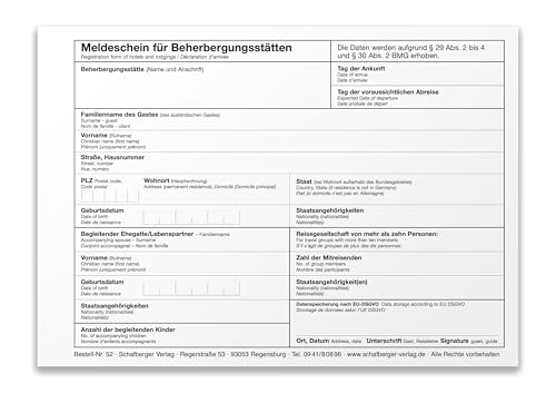 Meldeschein für Beherbergungsstätten Block DIN A5 100 Blatt für in- und ausländische Gäste, Made in Germany