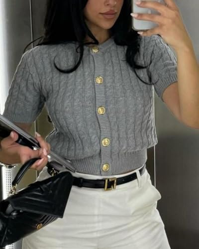 Image of Women Cable Knit Short Sleeved Sweater Cardigan Casual Button Up Soft Solid Sweater Shirt Grey