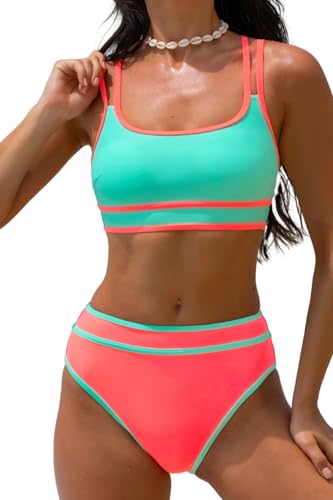 popvil Women Bikini Set High Waisted Swim Suits 2025 Tummy Control, Sporty Two Piece Beach Clothes, Neon Bikini for Women
