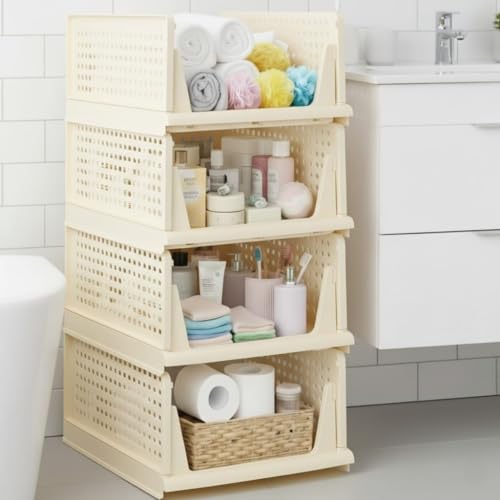 MECHDEL | Wardrobe Organizer For Clothes | Cupboard Organizer | Foldable Shirt Stacker Box | Cloth Box for Almirah | Closet Storage Basket |Plastic Stackable Closet Organizer (Ivory Yellow, 4PCS)