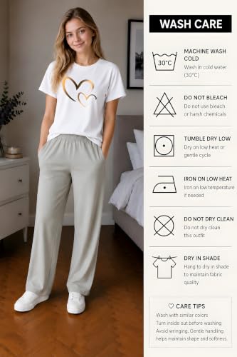 Image of ELVIA Women's Pure Cotton Top and Pyjama Co-Ord Set | Double Heart Graphic Printed Night Suit | Regular Fit Half Sleeve Round Neck T-Shirt with Pajama Sleepwear Loungewear Set