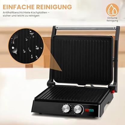 Pukomc Kontaktgrill, 1800W Contact Grill Plattengriller mit Antihaftbeschichtung, 60 Minuten Timer, 180º Öffnung，Sandwiches、 Steak und als Panini grill – Bild 7