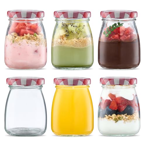 Danmu Art 6Pcs 100ml Yogurt Pudding Glass Jars with Red Gingham Lids Mini Empty Glass Jars Small Glass Bottles