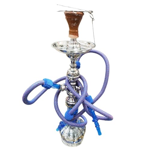 Shisha cachimba pipa de agua hookah Egipcia Artesanal de Acero, 58 cm, Dos Bocas, con Accesorios, Sin Nicotina