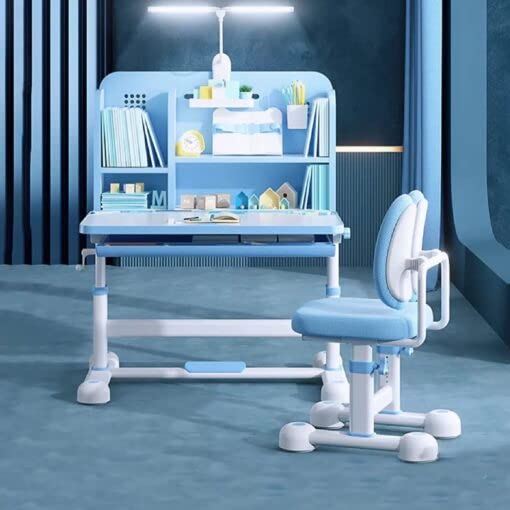 StarAndDaisy MDF Board, ABS Plastic Adjustable Height, Multi-Functional Kids Study Table with Book Holder, Drawer, Extra Large Desktop with Book Shelf &amp; Ergonomic Chair (Blue)