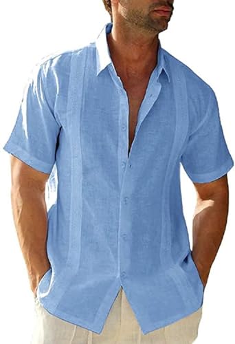 Image of JEKAOYI Mens Casual Linen Cotton Button Down Short Sleeve Shirts Cuban Camp Guayabera Beach Tops