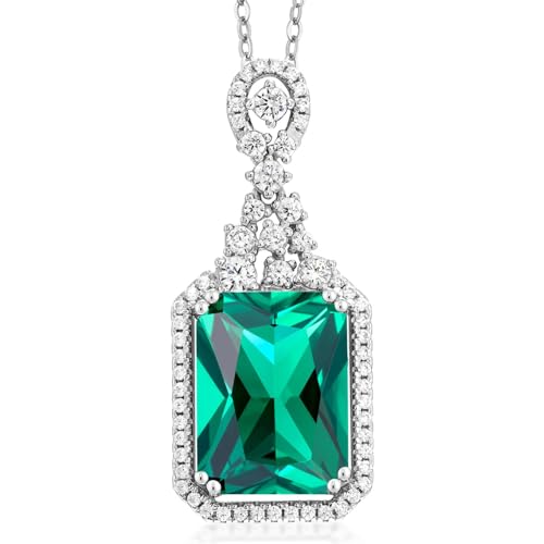 Gem Stone King 7.10 Cttw Green Simulated Emerald Pendant Necklace For Women | 925 Sterling Silver | Emerald Cut 14X10MM | With 18 Inch Silver Chain