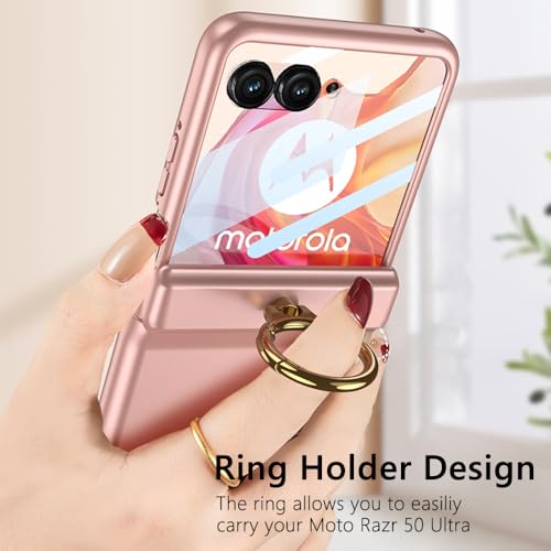 SOUTEM for Motorola Razr 50 Ultra Case with Built-in Front Screen Protector and Ring Kickstand & Magnetic Hinge Protection, Hard PC Slim Shockproof Protective Cover for Motorola Razr+ 2024(Pink)