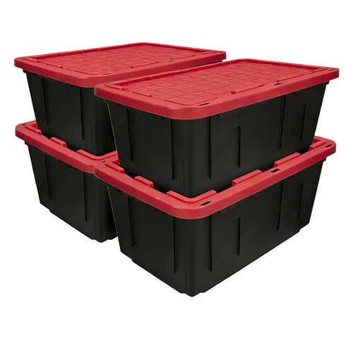 Image of 27 Gallon Heavy Duty Plastic Storage Bins with Lids, Black & Red (4) | Stackable large capacity plastic totes ideal for garage storage, household organization and moving supplies storage