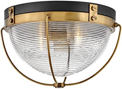 Hinkley Crew Medium Flush Mount Ceiling Light - Caged Style, 2-Light, Clear Ribbed Glass Shade, Vintage Maritime - Heritage Brass with Black Accents