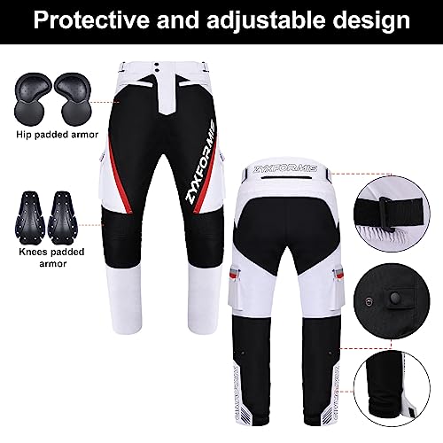 Motorcycle Pants for Men, Waterproof Windproof Motorbike Riding Gear Pants with Removable Armor for All Season White
