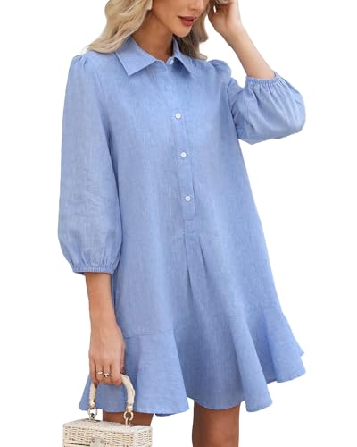 Image of YEXPINE Women Button Down Dress Casual 3 /4 Puff Sleeve Cotton Linen Dress Flowy Ruffle Hem Tunic Shirt Dresses
