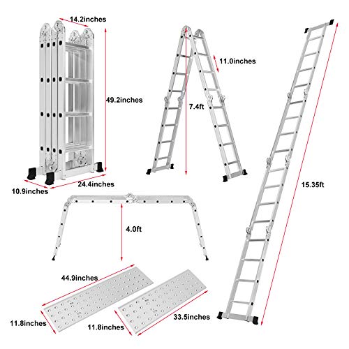 Idealchoiceproduct 15.5\' Heavy Duty Gaint Aluminum Multi Purpose Folding Ladder Scaffold Ladders with 2 Platform Plates- 330Lbs - Thumbnail 2