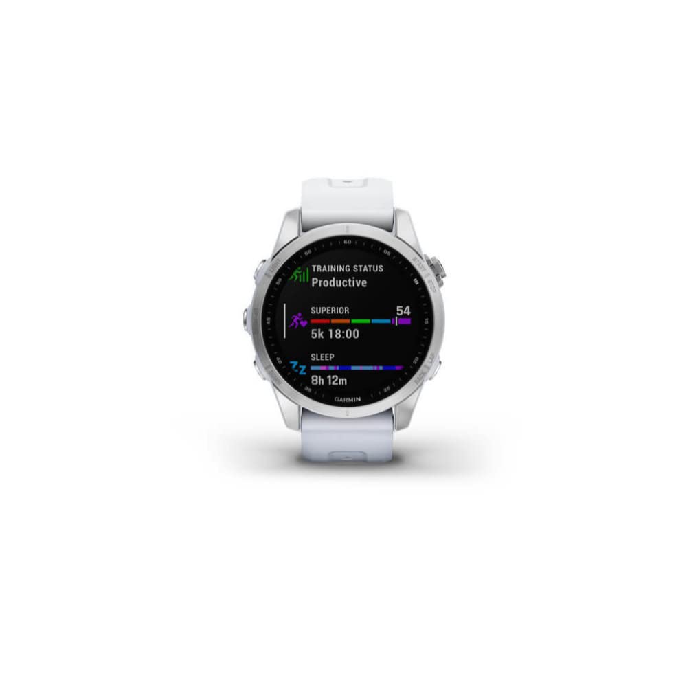 Garmin Fenix 7S, Smaller Sized Adventure smartwatch, Rugged Outdoor Watch with GPS, Touchscreen, Health and Wellness Features, Silver with Whitestone Band