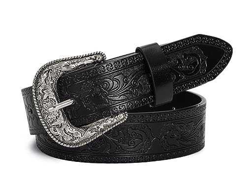 Vintage Western-Cowboy-Belt for Women Men - Carved Buckle PU Leather Waist Belts (for Waist 28