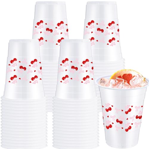 Baderke 36pcs Cherry Bow Plastic Cups 16 oz Red Pink Bow Cherry Disposable Cups Beverage Drinking Container for Baby Shower Bridal Party Wedding Birthday Holiday Party Supplies Decorations