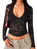 Matunana Womens Long Sleeve Going Out Tops Lace V Neck Mesh Crop Shirts Sexy Sheer Cute Y2K Fall Trendy Winter Outfits 2026 Black