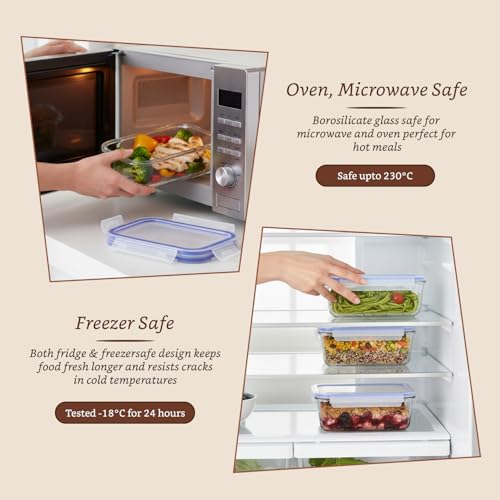 Image of Amazon Brand - Solimo Rectangular Glass Food Storage Container, 1900 ml - Set of 3, Airtight, Microwave & Freezer Safe, Transparent