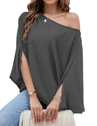 VIMPUNEC Womens Off The Shoulder Flowy Tops Casual Batwing Sleeves Blouses Loose Chiffon Shirts Gray XL