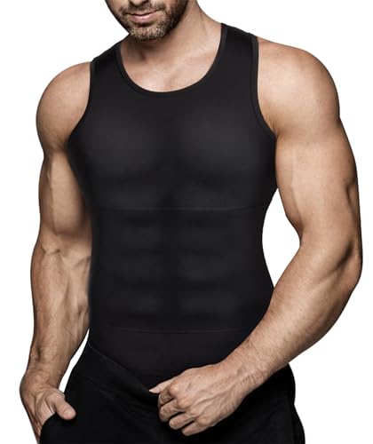 Mens Compression Shirt Slimming Body Shaper Vest Workout Tank Tops Abs Abdomen Undershirts(Black...