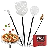 CrustMaster Pizza Peel Set - 12x14" Rectangular Peel, 9" Round Turning Peel, Brass Brush, Ash Rake - Perfect Pizza Oven Accessories for Ovens & BBQ - Pizza Pan - Aluminum & Stainless Steel Tools