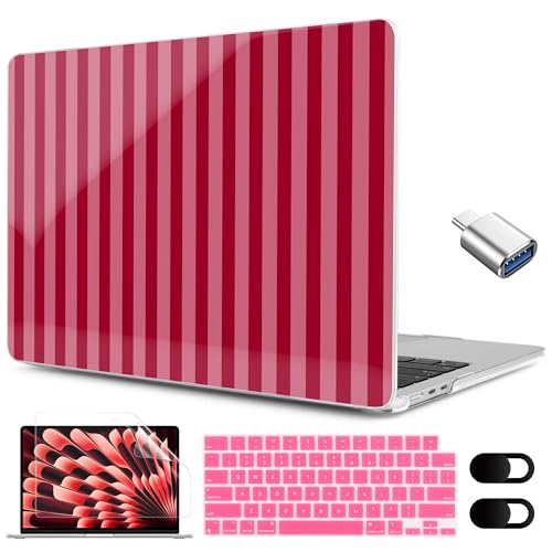Image of MEEgoodo for M5 /M4 /M3 /M2 MacBook Air 15 inch Case 2026 2025 2024 2023, Case Fit Model (A3448 /A3241 /A3114 /A2941) for MacBook Air 15.3 inch, Red&Pink Stripe