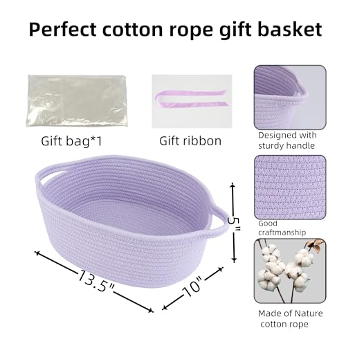 Image of Baby Gifts Basket Empty with Gifts Bag and Ribbon13 inchx10 inchx5 inch Cute Gifts Basket to Fill Easter Basket Birthday Basket Small Woven Cotton Rope Basket Baby Toy Baske(purple, large)