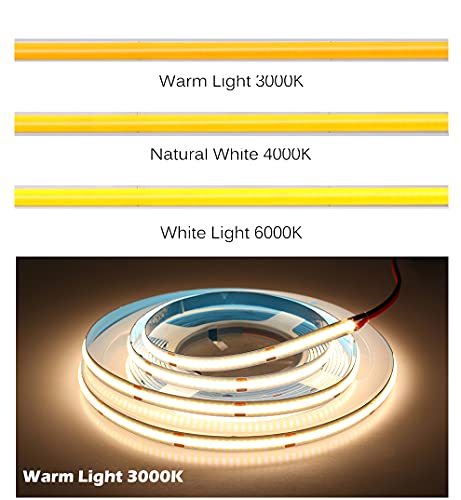Image of DC 12V /24V 5MM Width PCB Premium High Brightness COB LED Strip Flexible High Density Chips Ra>90 Super Brightness Warm Natural White Light 5M (Warm Light 3000K, DC 24V)