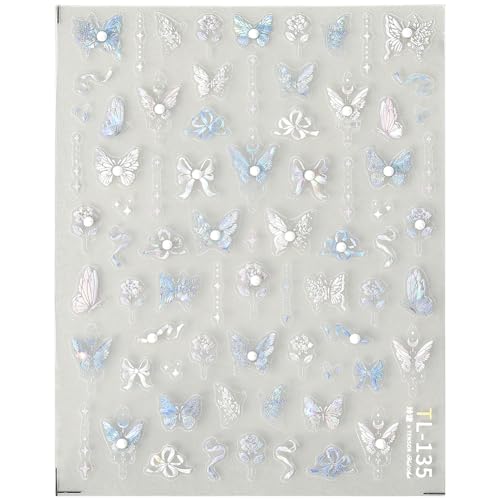 SOFPLATE 1 Hoja de Pegatinas para Uñas con Relieve 5D Diseño de Mariposas Azules Autoadhesivas con Lazos Flores Y Mariposas Azules para Mujer Ideal para Manicura de Primavera Y Verano.