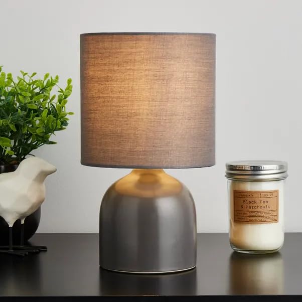 New Ceramic Table Lamp – Modern Compact Bedside Lamp with Fabric Shade – E14 SES Cap – 4W Max – Inline Switch – H24cm x Dia14cm – Sleek Contemporary Design M-02 (Grey)