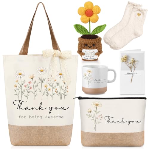 Hestya 7 Pcs Teacher Appreciation Gifts Thank You Gifts with Tote Bag Makeup Bag Coffee Mug Daisy Crochet Coral Velvet Socks Thank You Card Lace Ribbon for Teachers Coworker Nurse Employees