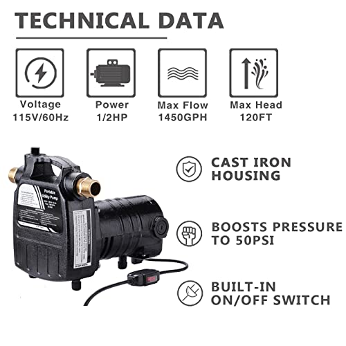 EXTRAUP 115Volt 1/2HP 1500 GPH Upgraded Heavy Duty High Pressure Cast Iron Casing Water Transfer Utility Pump with ON/OFF Switch,Brass Connectors and Suction Strainer Black