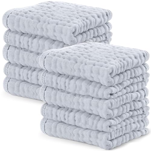Image of Comfy Cubs Muslin Baby Washcloths 10 Pack - Soft 6-Layer Cotton Wash Cloths for Sensitive Skin - 10"x10" Large, Gentle, Absorbent Infant Essentials for Newborn and Toddlers - Slate