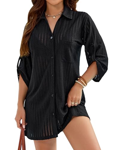 Blooming Jelly Women Beach Cover Ups Swimsuit Coverup Bathing Suit 3/4 Sleeve Button Down Shirt Dress Resort Wear 2026(Black Medium)
