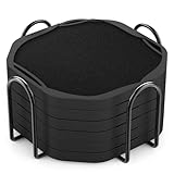 UMIRRO Absorbent Coasters for Drinks with Holder, Black Silicone Cup Coaster with Felt Insert for Coffee Table Decor, Small Unique Birthday Gift Ideas for Men, Dad, Him, Women Mom, Her, 4', Set of 6