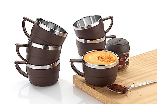 Image of HAPPI Tea Cups Set Coffee Mug Insulated Stainless Steel Inner Stylist Double Wall Cup for Home Office Restaurant Use Tea Mugs Set of 6 (Brown)