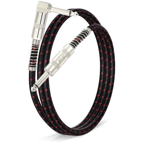 OTraki 3FT Nylon Guitar Cable 1/4 Inch Electric Guitar Cord Right Angle Electric Guitar Cable with 6.35mm Nickel-Plated TS Plug Instrument Cable for Bass Drum Audio Device 1M Black & Red Cover