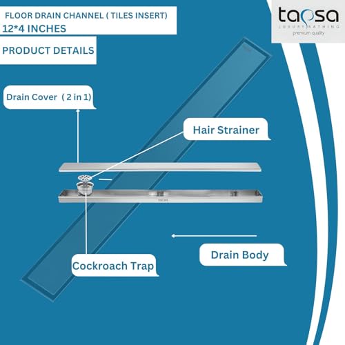Image of Tapsa Tile Insert Floor Drain | 304 Stainless Steel | Invisible Shower Drain Channel | Shower Drain Channel |Water Drain Channel | Floor Drain with Cockroach Trap | Anti-Rust. (SS Matte, 12X4)