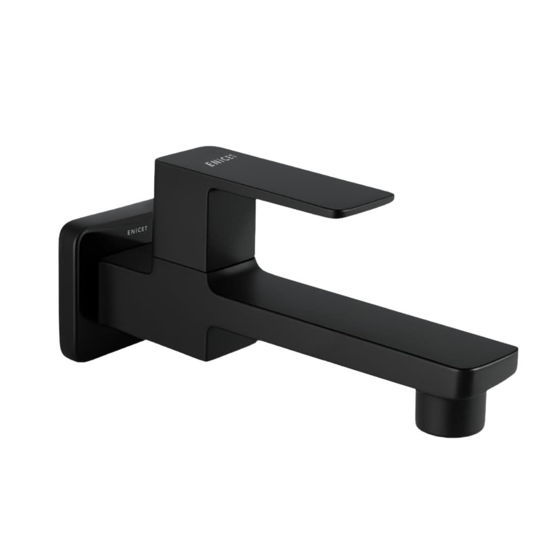 ENICET Black Wall Mounted Bathroom Tap, Brass Bib Cock with Extra Long Body, Modern Lever Handle, 7 Years Warranty-image-1
