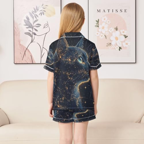 ALAZA Cat Constellation Space Black Satin Pajamas Set Short Sleeve Button Down Sleepwear Summer Pjs 2 Piece4