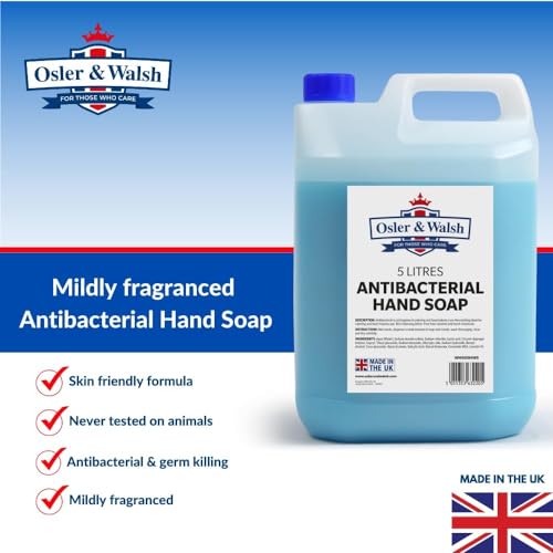 Osler & Walsh 5 Litre Antibacterial Blue Hand Soap, Lightly Fragranced Hand Wash for Home, School and the Workplace. Hydrates & Softens Skin, Non-Sticky Liquid Hand Soap Protects Skin From Dryness