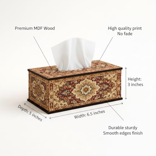 Image of Vintage Cream Floral Printed Tissue Box Holder Elegant Wooden Tissue Box Cover for Dining Table, Bedroom & Office 6.5x5x3 Inch