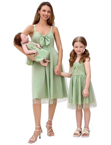 AWIBMK Mommy and Me Dress Swiss Dot Bowknot Mother Daughter Matching Sundress Summer Casual Holiday Slip Dresses